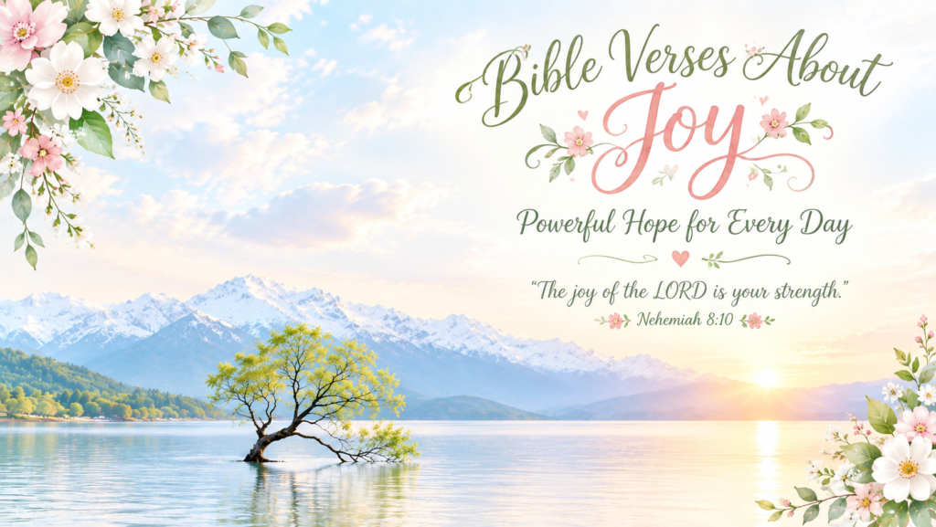 Bible Verses About Joy with peaceful mountains, a calm lake, sunrise, flowers, and an inspirational Scripture quote