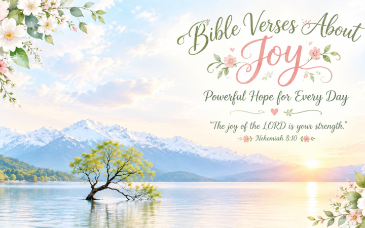 Bible Verses About Joy with peaceful mountains, a calm lake, sunrise, flowers, and an inspirational Scripture quote