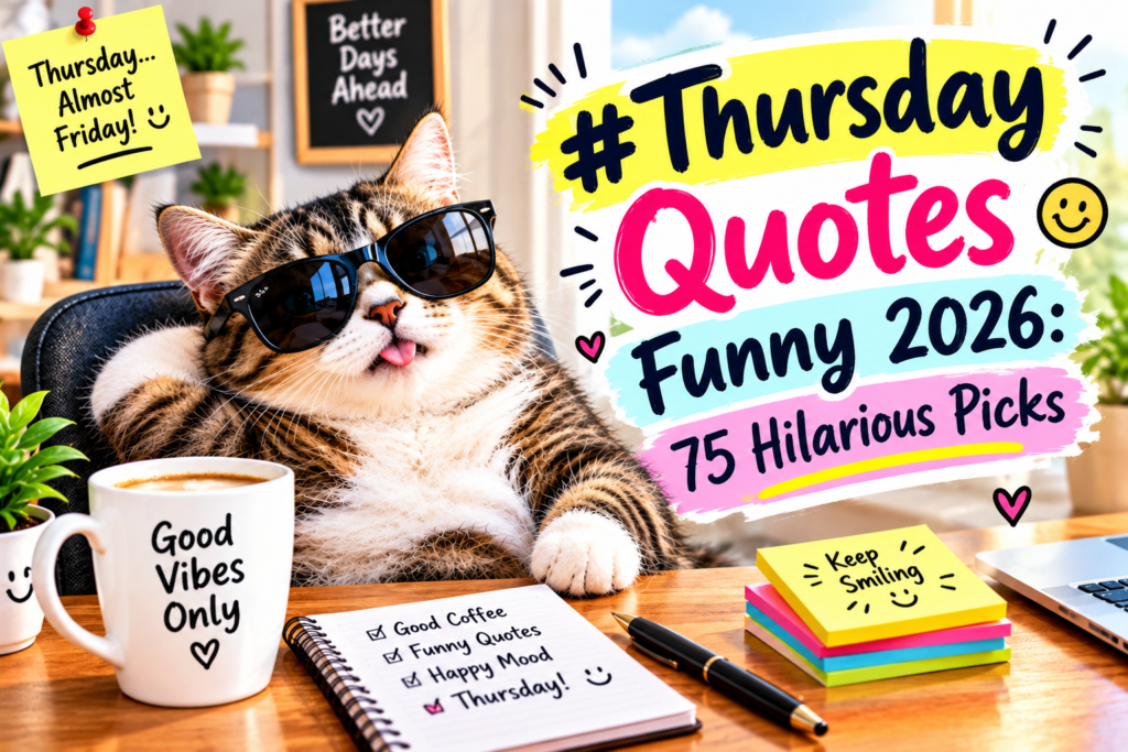 Funny Thursday quotes 2026 graphic with sunglasses-wearing cat and coffee
