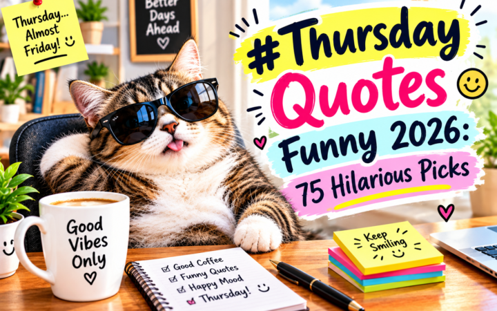 Funny Thursday quotes 2026 graphic with sunglasses-wearing cat and coffee