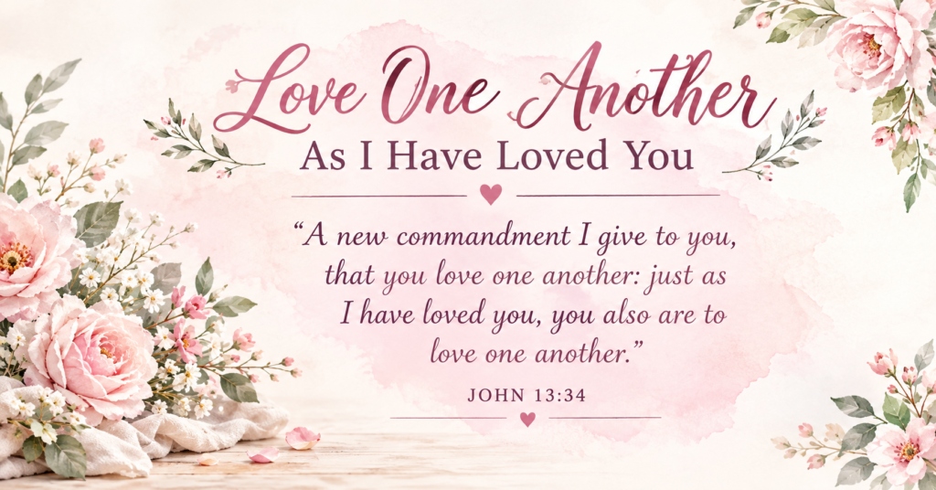 Love one another as I have loved you John 13:34 verse with pink roses and watercolor background