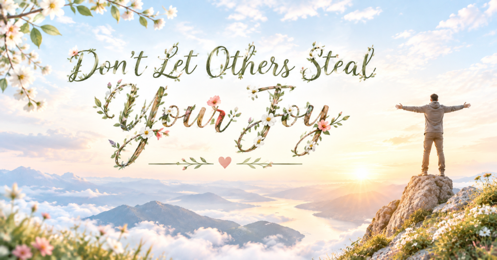 Don't let others steal your joy man standing on mountain with arms open at sunrise