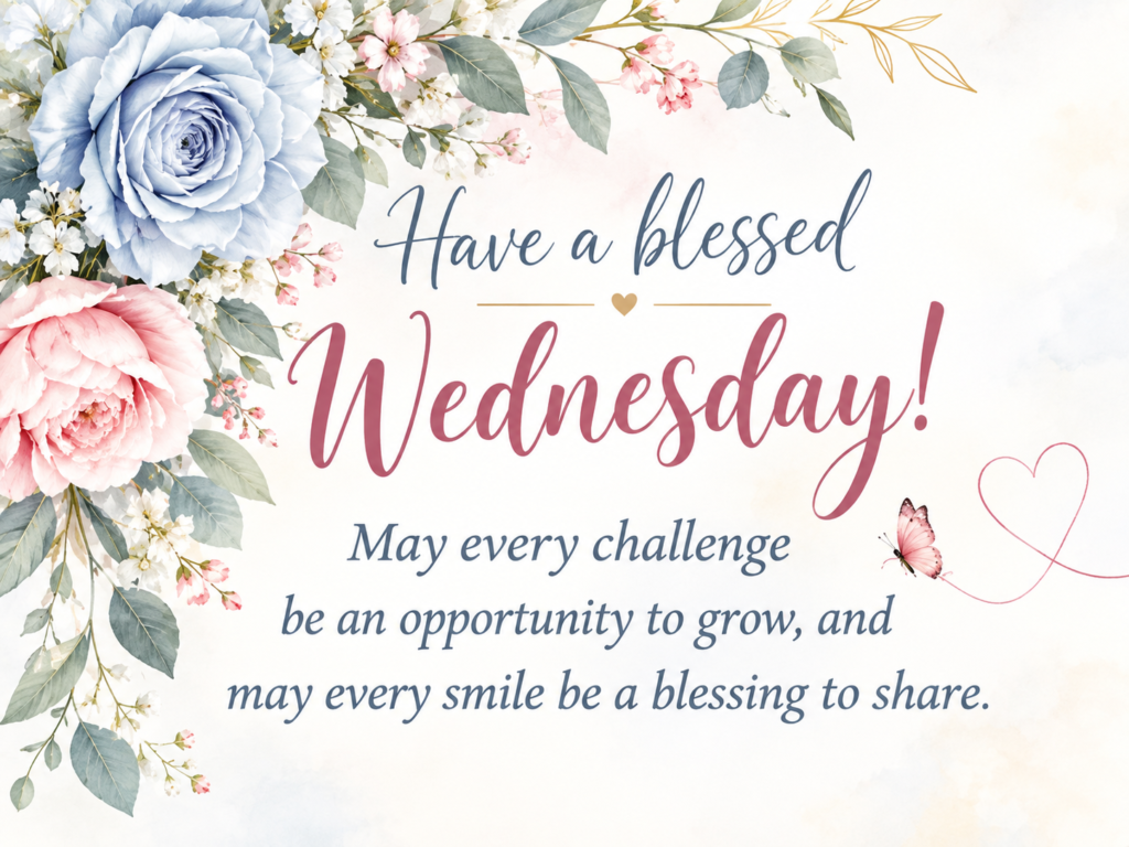 Wednesday Bible verse have a blessed Wednesday with pink roses blue flowers and butterfly