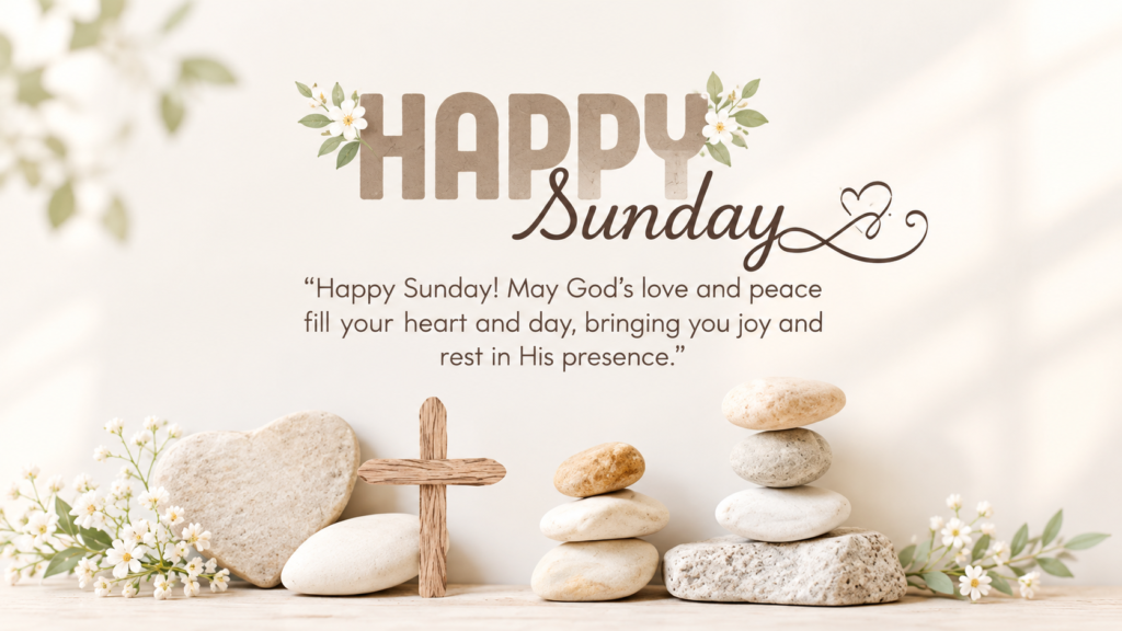 Sunday blessings with wooden cross heart shaped stone stacked pebbles and white flowers and God's love peace joy message