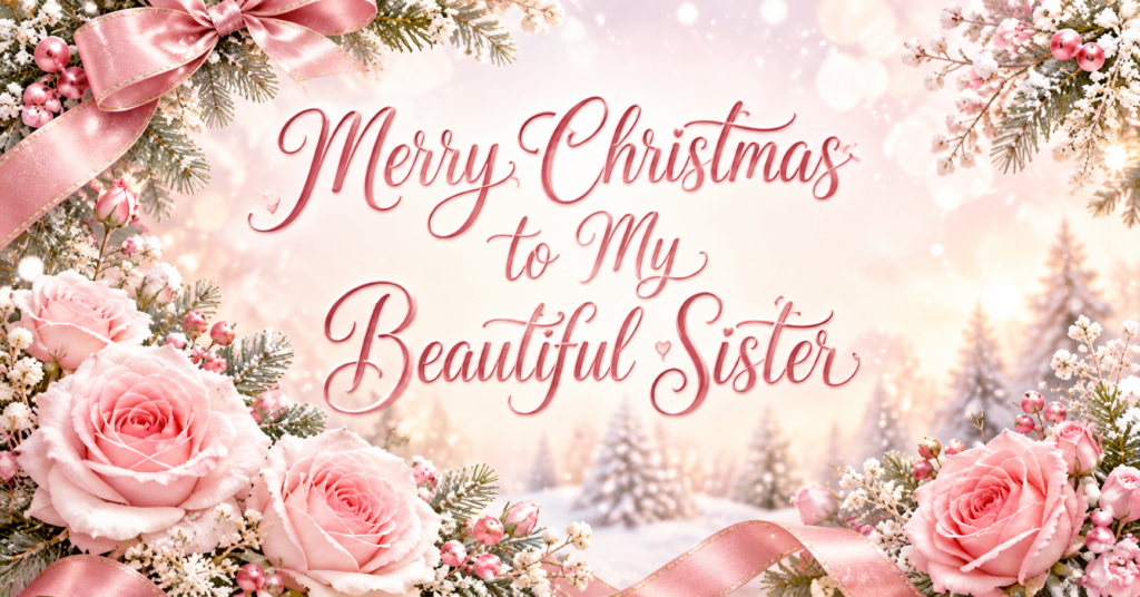 christmas blessings for sister with pink roses and snowy winter background