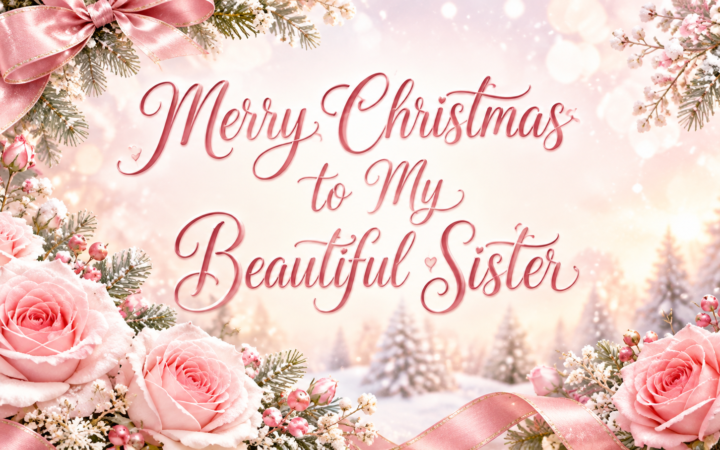 christmas blessings for sister with pink roses and snowy winter background