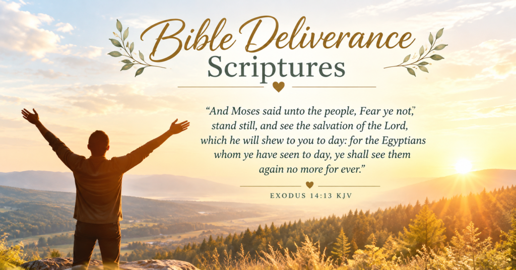 Bible deliverance scriptures with man worshipping on mountain at golden sunrise and Exodus 14:13