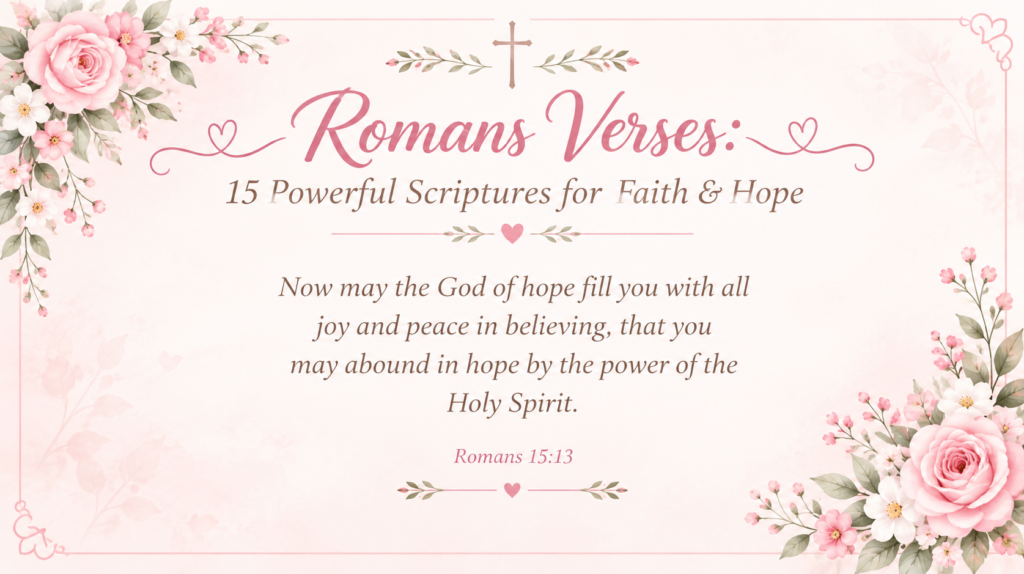 romans verses with pink roses and Romans 15:13 scripture card