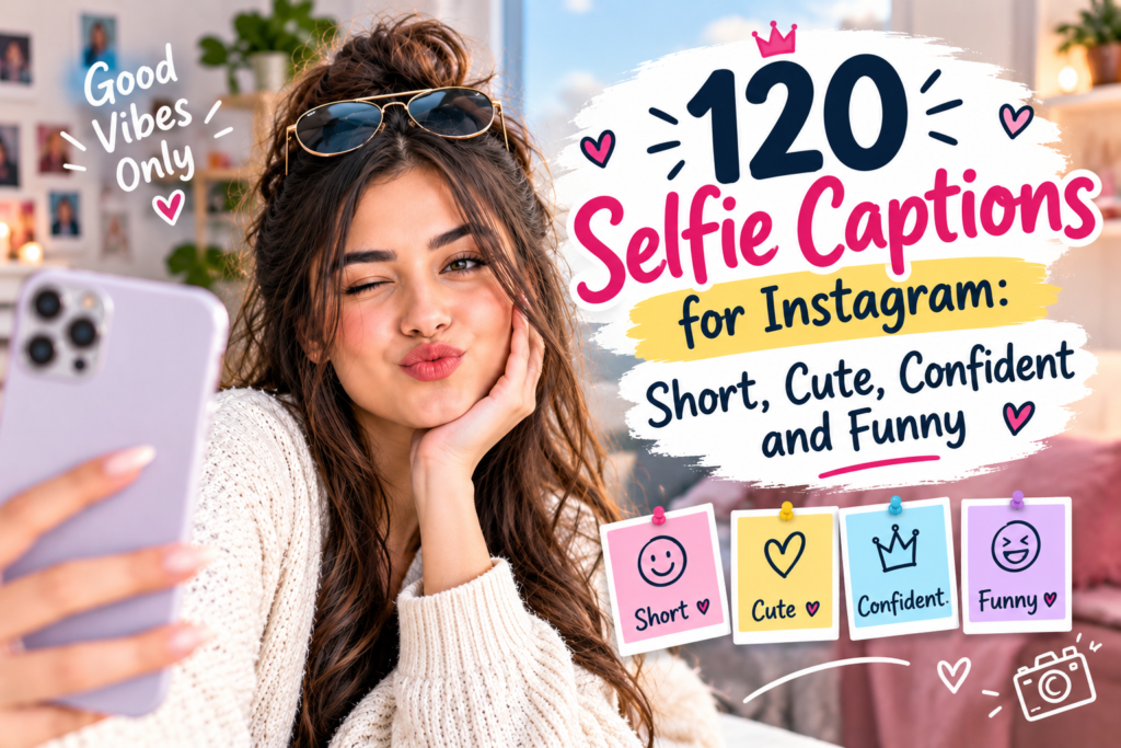 Woman taking a selfie with 120 selfie captions for Instagram graphic