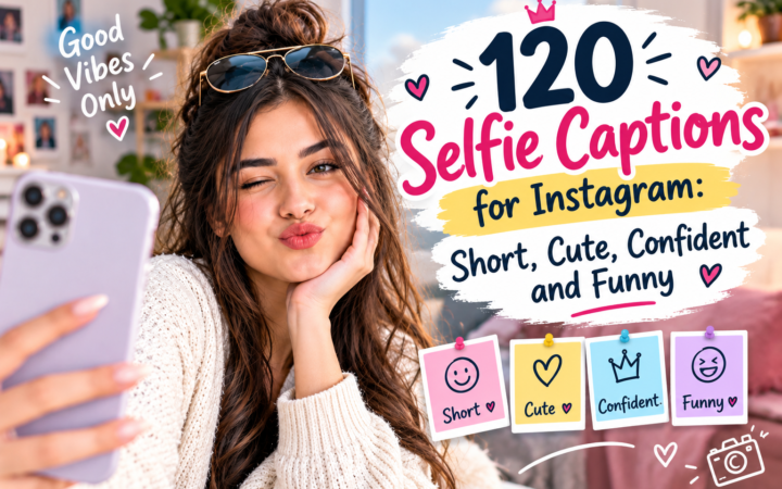 Woman taking a selfie with 120 selfie captions for Instagram graphic