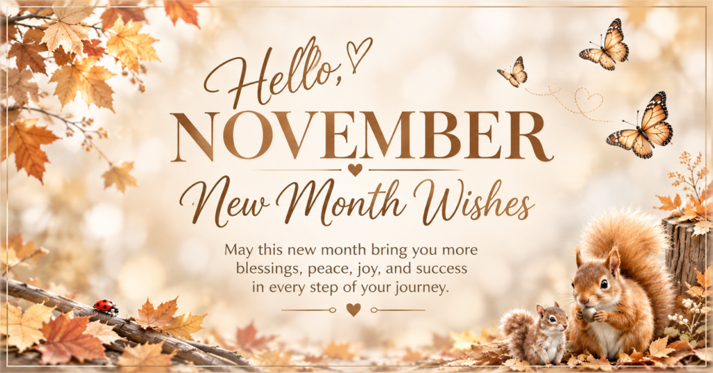 November new month wishes with autumn leaves squirrels butterflies ladybug and blessings peace joy success message
