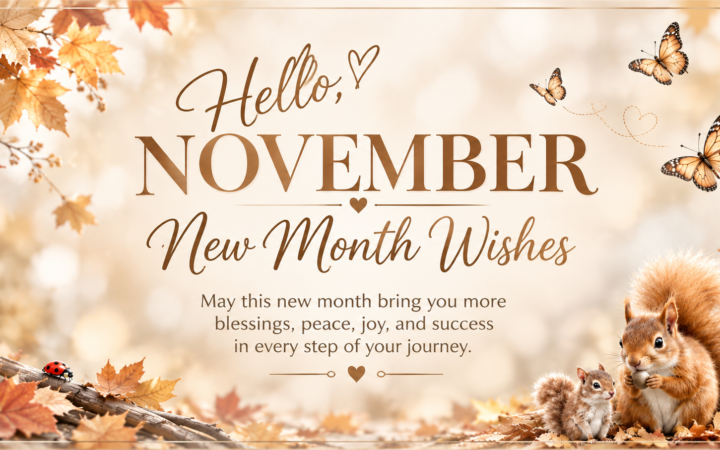 November new month wishes with autumn leaves squirrels butterflies ladybug and blessings peace joy success message