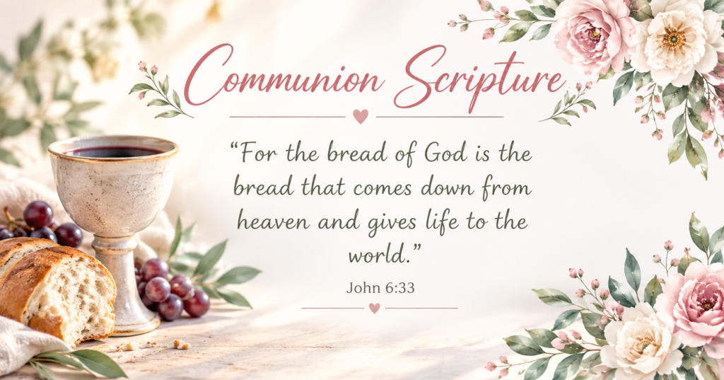Communion scripture with bread communion cup grapes and pink roses with John 6:33 verse