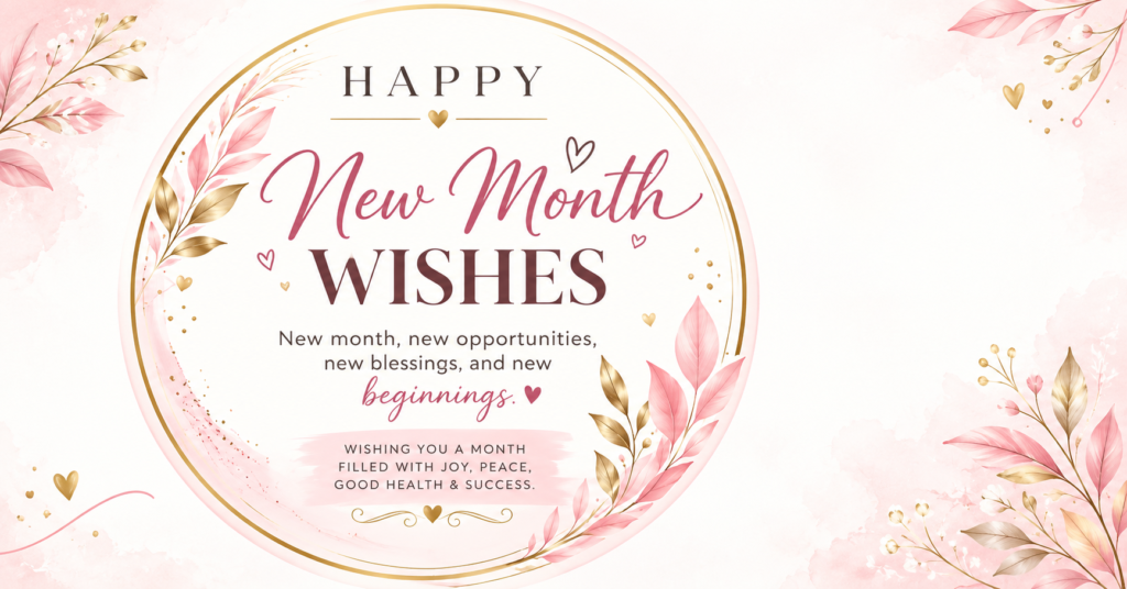 New month wishes with pink and gold leaves circle frame and new opportunities blessings beginnings message