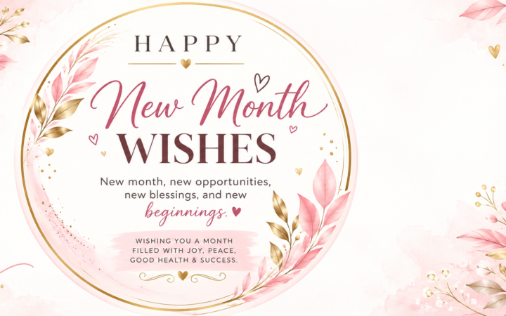 New month wishes with pink and gold leaves circle frame and new opportunities blessings beginnings message