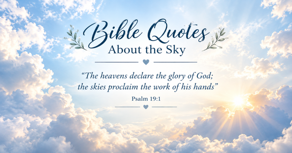 Bible quotes about sky with Psalm 19:1 verse golden sunrays through clouds and blue sky