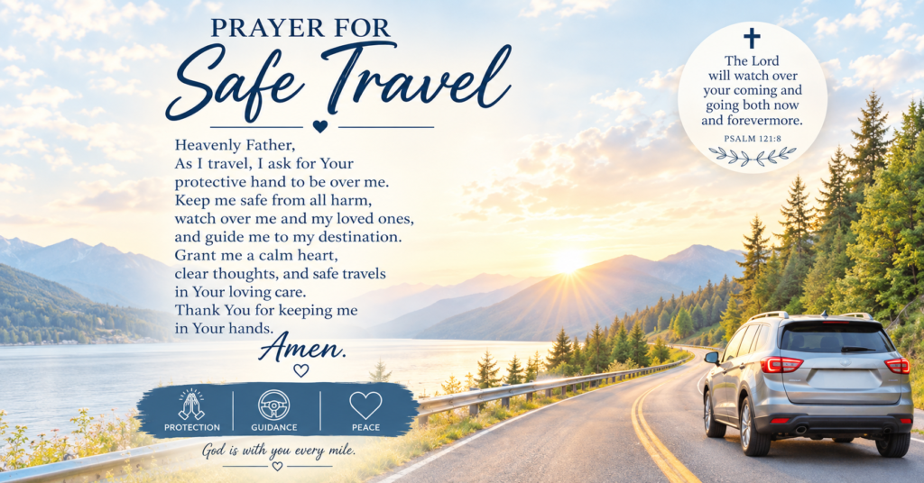Short safe travel prayer with car on scenic mountain road and Psalm 121:8 verse
