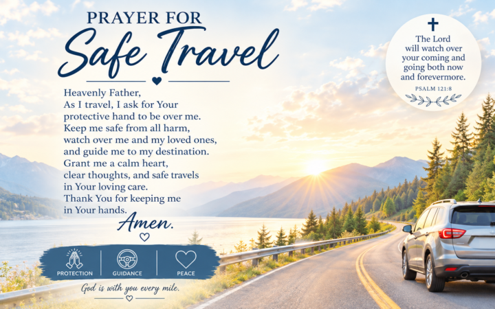 Short safe travel prayer with car on scenic mountain road and Psalm 121:8 verse
