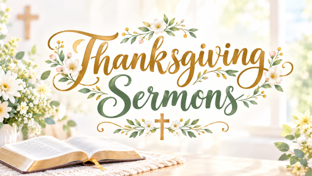 Thanksgiving sermons with open Bible cross and white flowers background