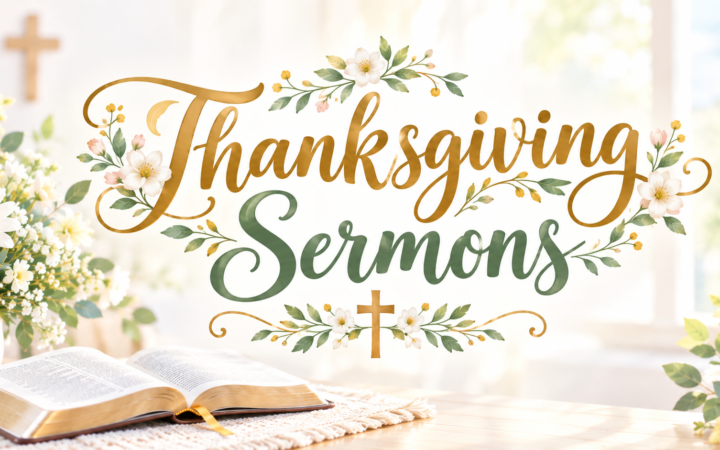 Thanksgiving sermons with open Bible cross and white flowers background