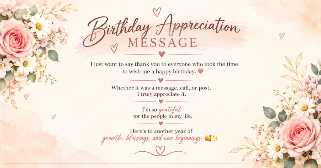 birthday appreciation message with pink roses and thank you card