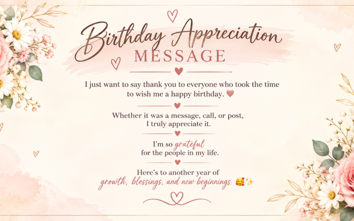 birthday appreciation message with pink roses and thank you card
