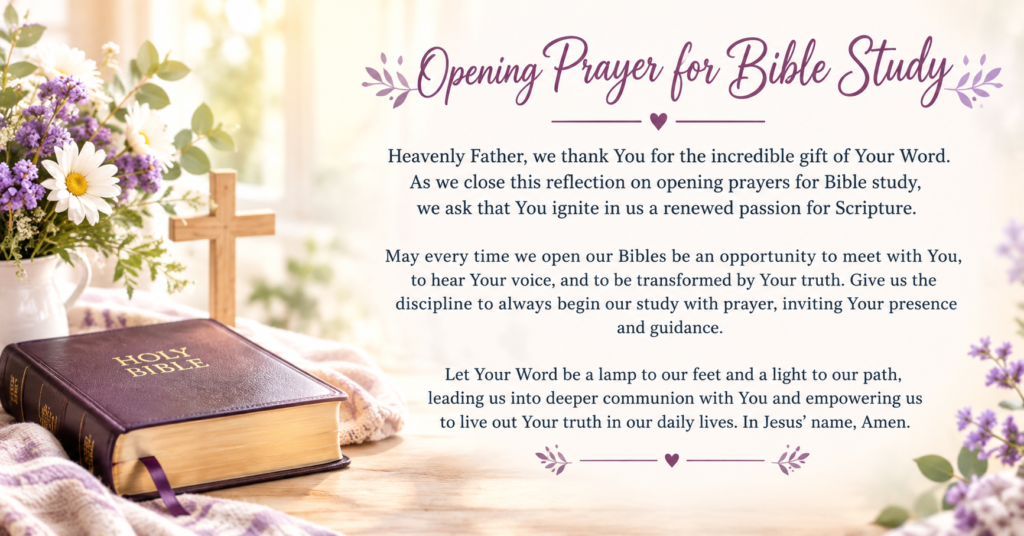 opening prayer for bible study with Holy Bible and purple flowers