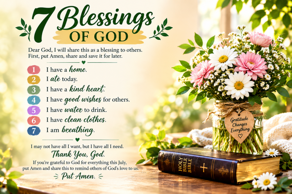 What Are the Seven Blessings with a beautiful Bible, flowers, and gratitude message