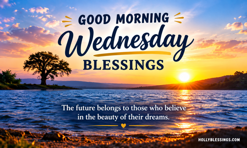 Good Morning Wednesday Blessings with a beautiful sunrise and inspirational message