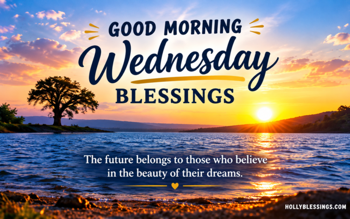 Good Morning Wednesday Blessings with a beautiful sunrise and inspirational message