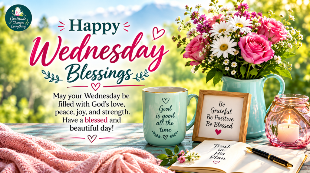 Happy Wednesday Blessings with flowers, morning prayer and a peaceful message