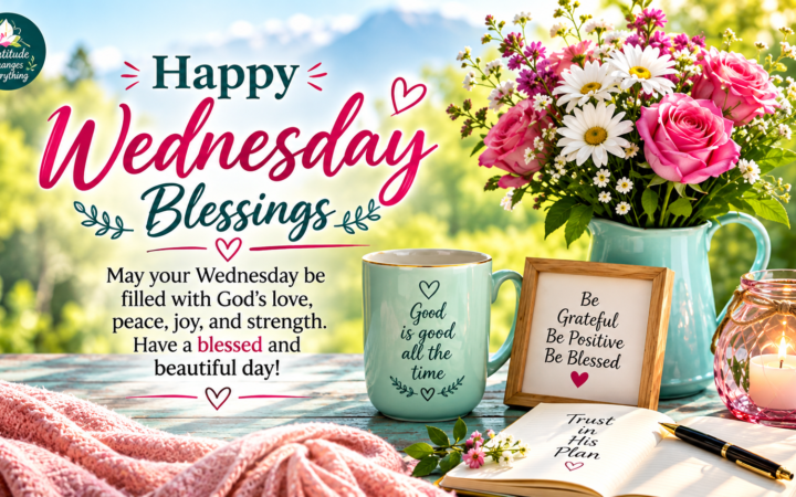 Happy Wednesday Blessings with flowers, morning prayer and a peaceful message