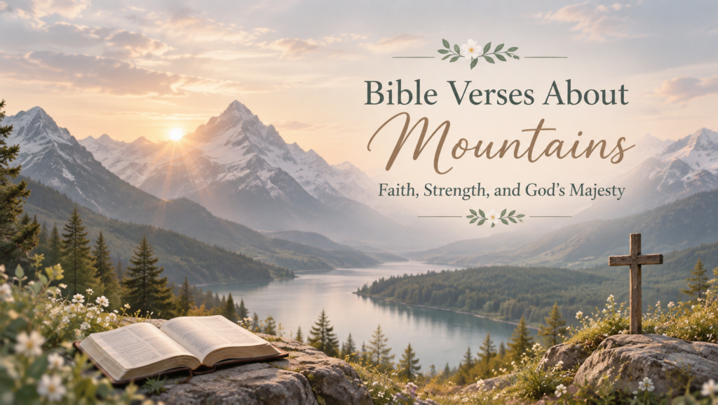 Bible Verses About Mountains featuring majestic snowy peaks, a peaceful lake, an open Bible, and a Christian cross