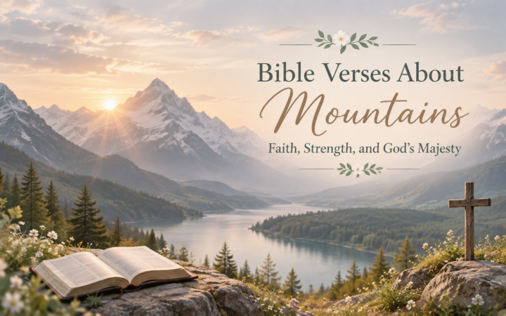 Bible Verses About Mountains featuring majestic snowy peaks, a peaceful lake, an open Bible, and a Christian cross
