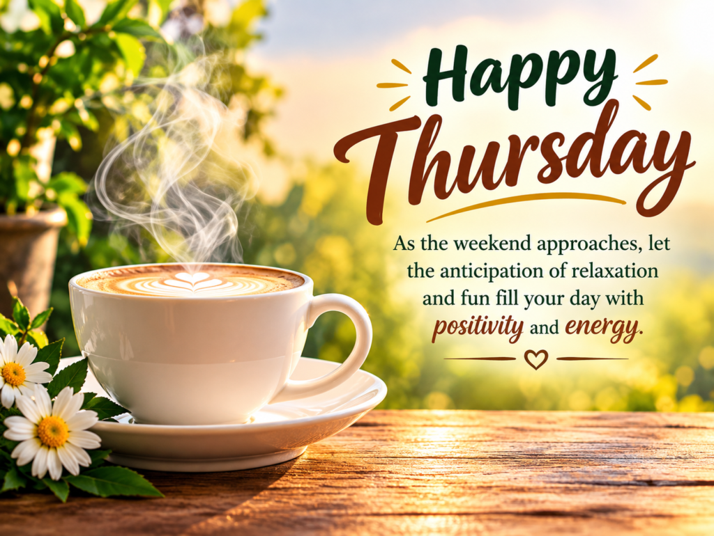 Happy Thursday greeting with a warm coffee cup, daisies, and a sunny garden background