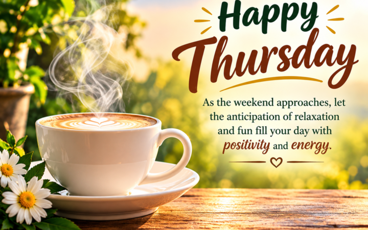 Happy Thursday greeting with a warm coffee cup, daisies, and a sunny garden background