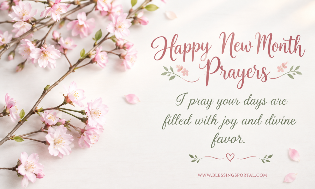 Happy new month prayers with pink cherry blossom branches and divine favor message on soft background