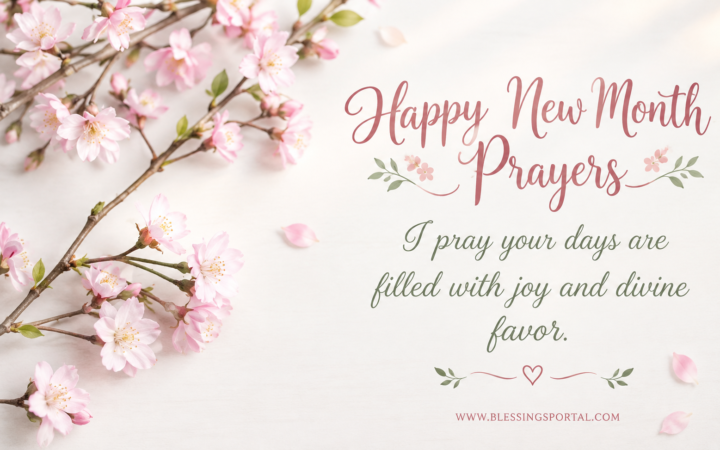 Happy new month prayers with pink cherry blossom branches and divine favor message on soft background