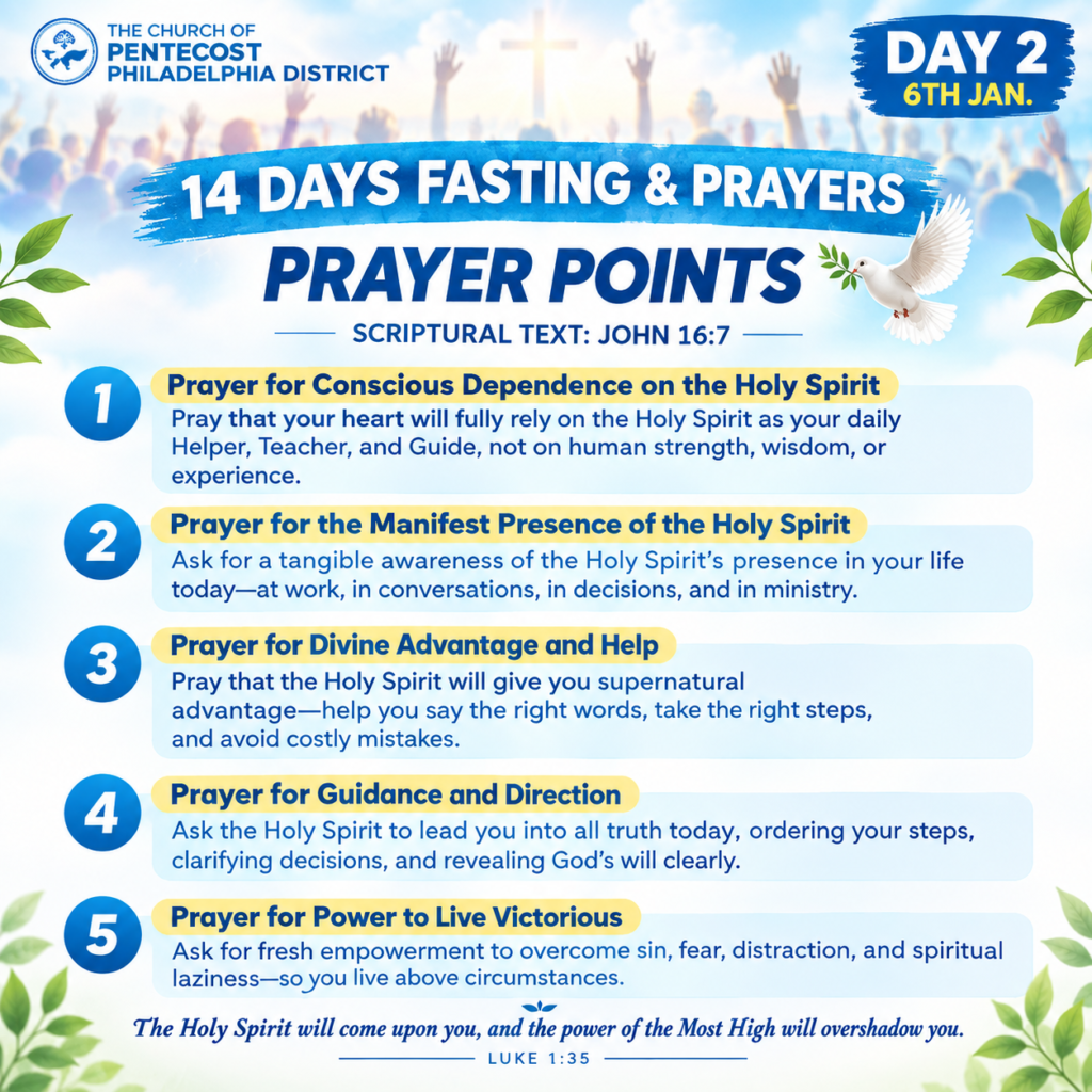 Prayer points with Holy Spirit dove blue sky worshippers and scripture John 16:7 for fasting and breakthrough