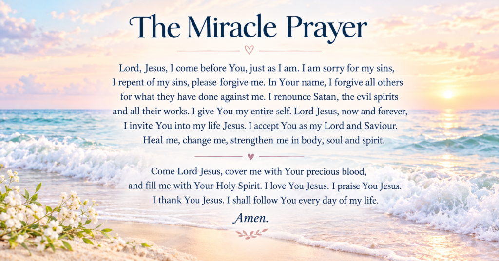 miracle prayer for healing over peaceful ocean waves at sunrise