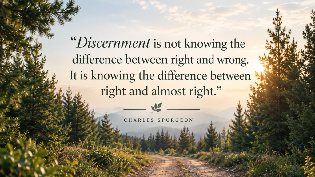 Bible verses about discernment quote by Charles Spurgeon forest path sunrise
