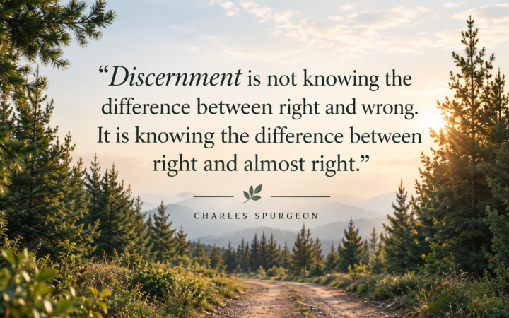 Bible verses about discernment quote by Charles Spurgeon forest path sunrise