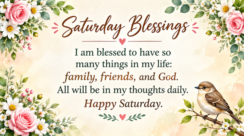 Saturday Blessings with beautiful flowers, a bird, and an uplifting message of gratitude