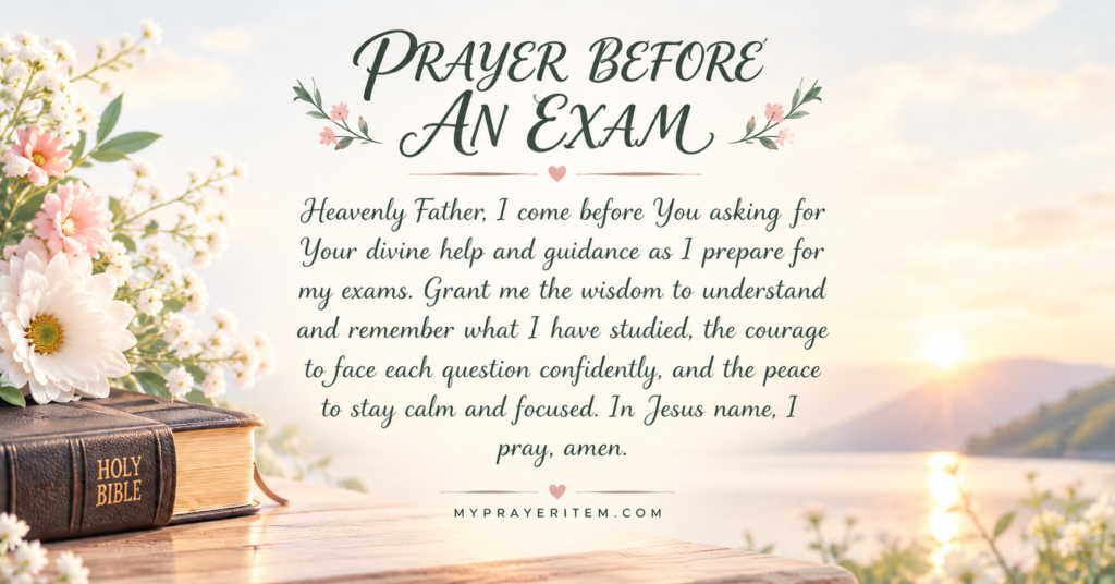 Prayer before test with Holy Bible pink and white flowers and peaceful lake background