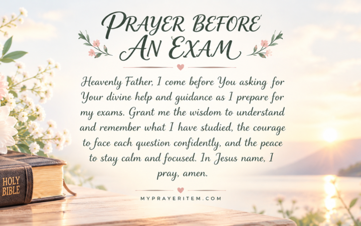 Prayer before test with Holy Bible pink and white flowers and peaceful lake background