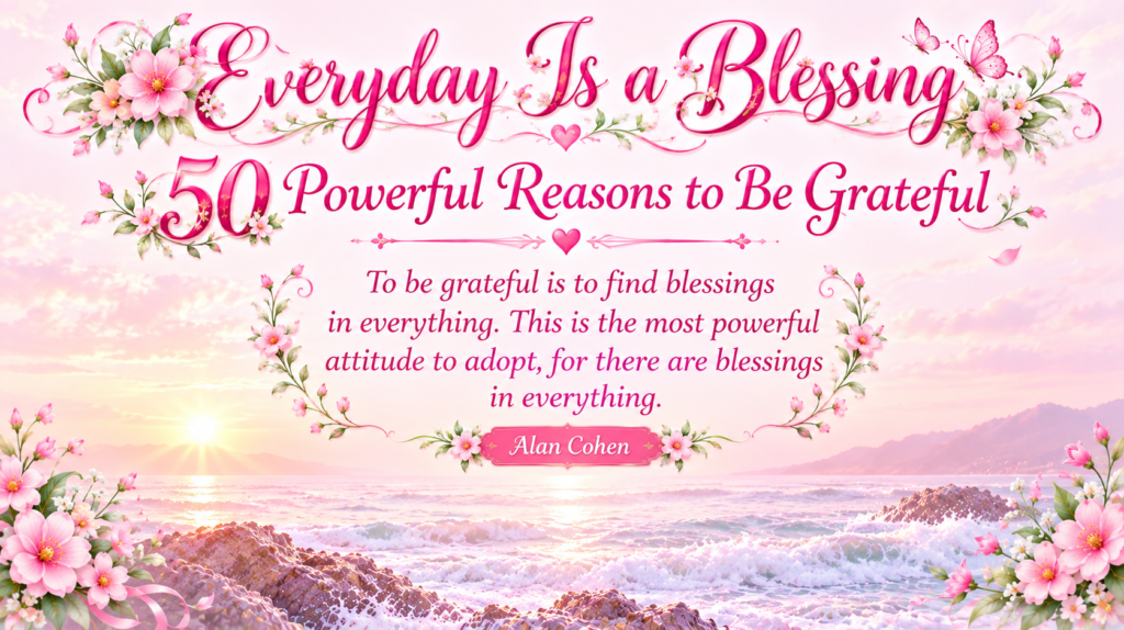 everyday is a blessing with pink flowers and ocean sunrise