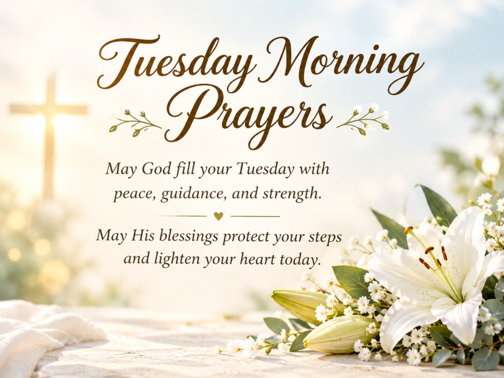 Tuesday prayers and blessings with golden cross white lilies and peaceful morning light