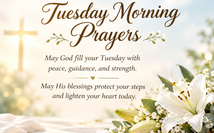 Tuesday prayers and blessings with golden cross white lilies and peaceful morning light