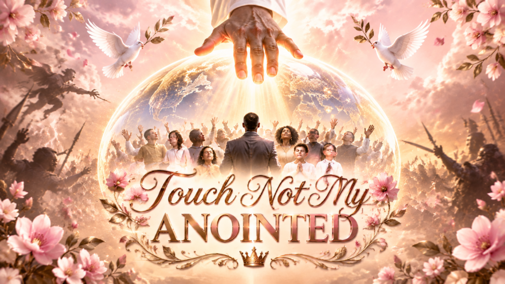Touch not my anointed with God's hand over worshipping believers inside glowing globe with doves and pink flowers