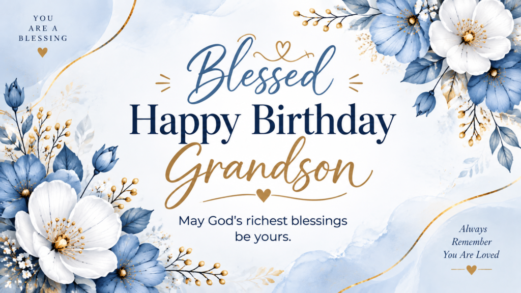 Blessed happy birthday grandson with blue and white flowers gold accents and God's richest blessings message